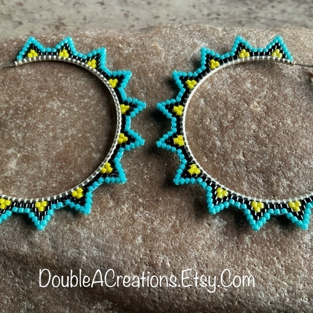 Turquoise and Yellow Sunburst 2” Beaded Hoops, New, Handmade by Me - Picture 5 of 9